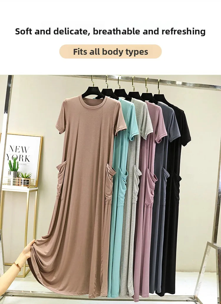 Casual Modal Sleep Dress Women Summer Large Size round Neck over Knee Long Dress Loose Slimming Short Sleeve Dress
