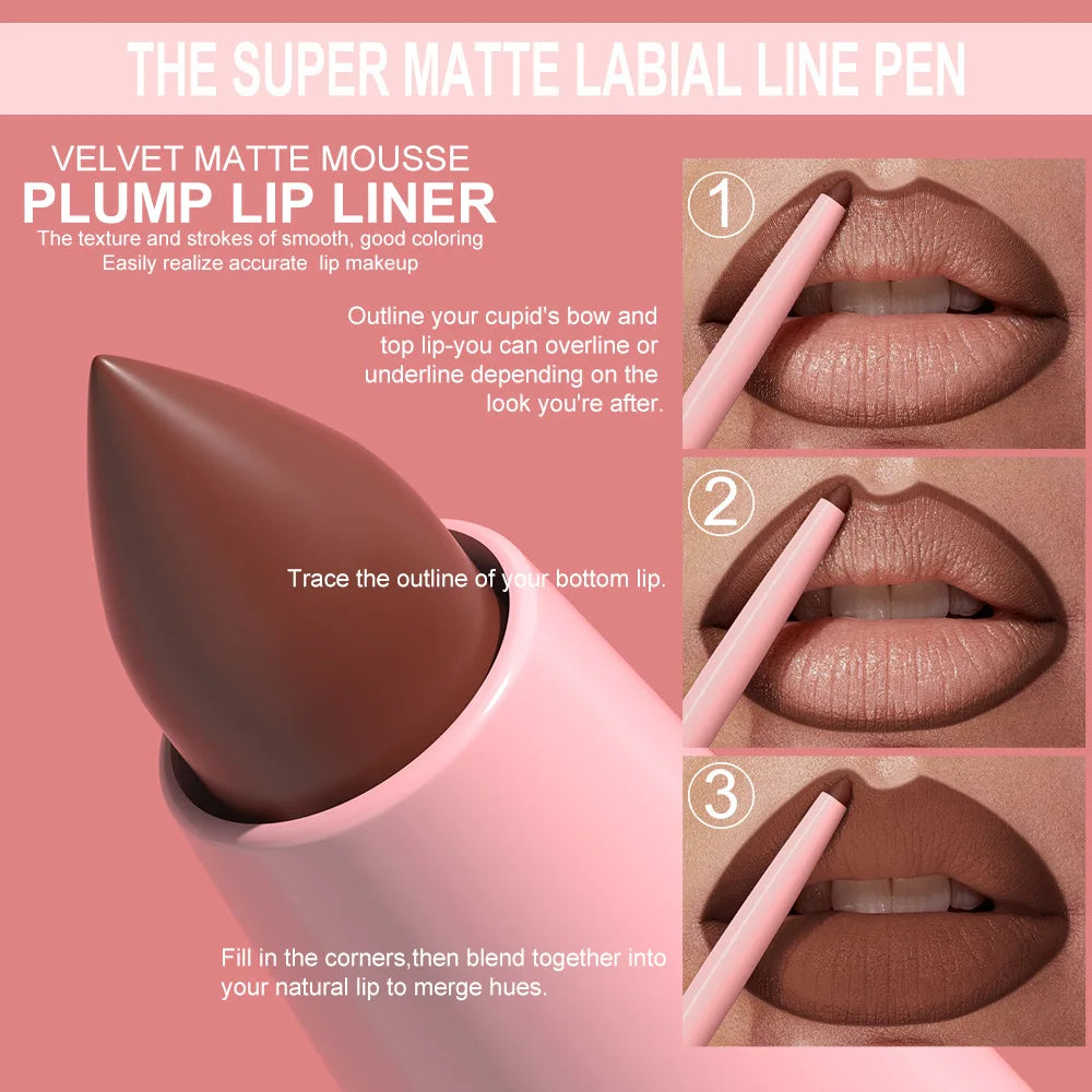 12 Colors Matte Red Brown Lipliner Pencil Waterproof Non-stick Cup Slim Lipstick Make Up Nude Pink Lip Liner Outline Lip Contour