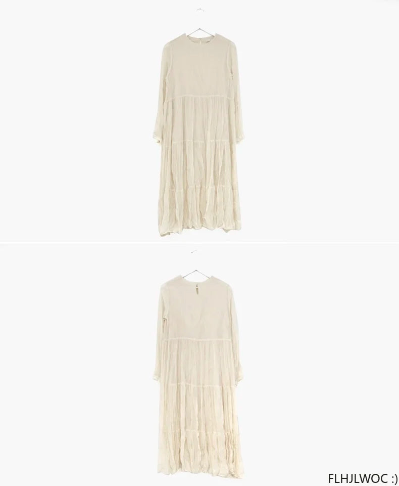 Autumn Spring Wrinkle Loose Dresses New Hot Women Cute Japan Style Retro Vintage Girls Holiday Casual Solid Apricot White Dress