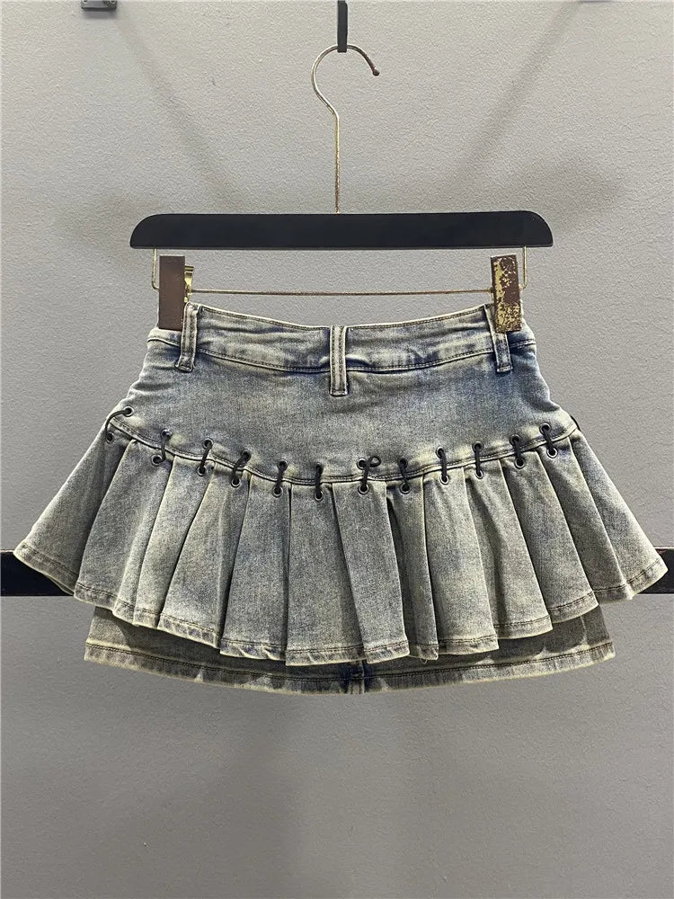 Retro American Denim  Skirt Women's Spring Summer Design Slimming Sexy A-Line Pleated Short Skirt High Waist Cotton Polye...