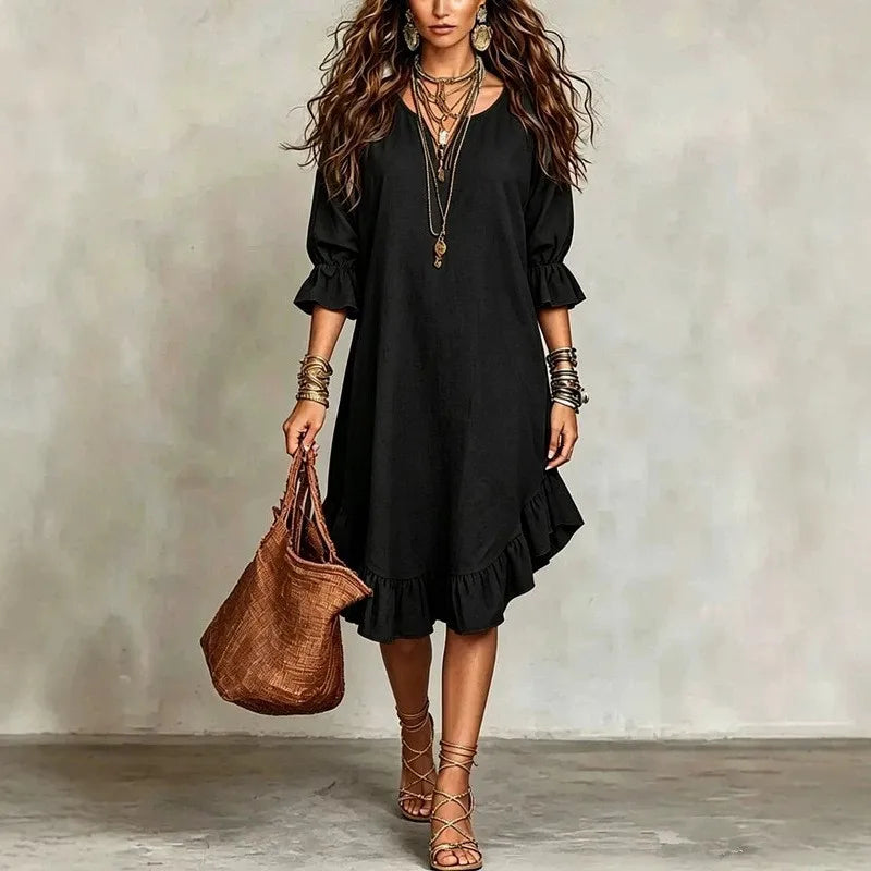 Retro Solid Summer Women's Dress Fashion Casual V-Neck Irregular lotus leaf edges Midi Dress Loose Simple Elegant Party Dress