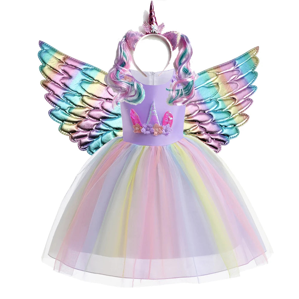 Kids Clothes Summer Girls Dress Short Sleeves Rainbow Princess Dress For Children Baby Birthday Party Clothing Unicorn 3-8years
