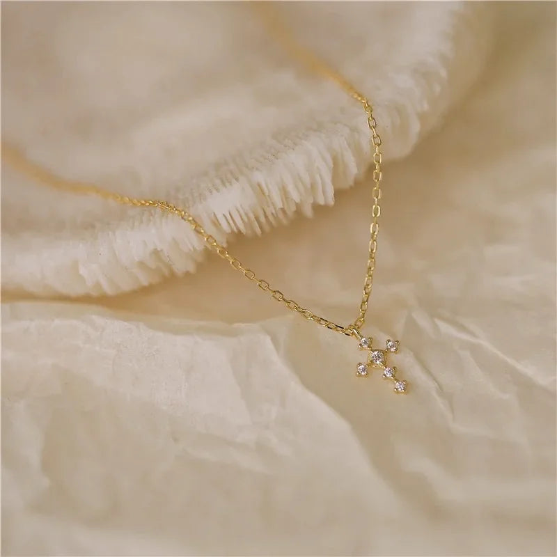 925 Sterling Silver Mini Crystal Cross Pendant Necklace For Women'S Choker Chain Wedding Jewelry