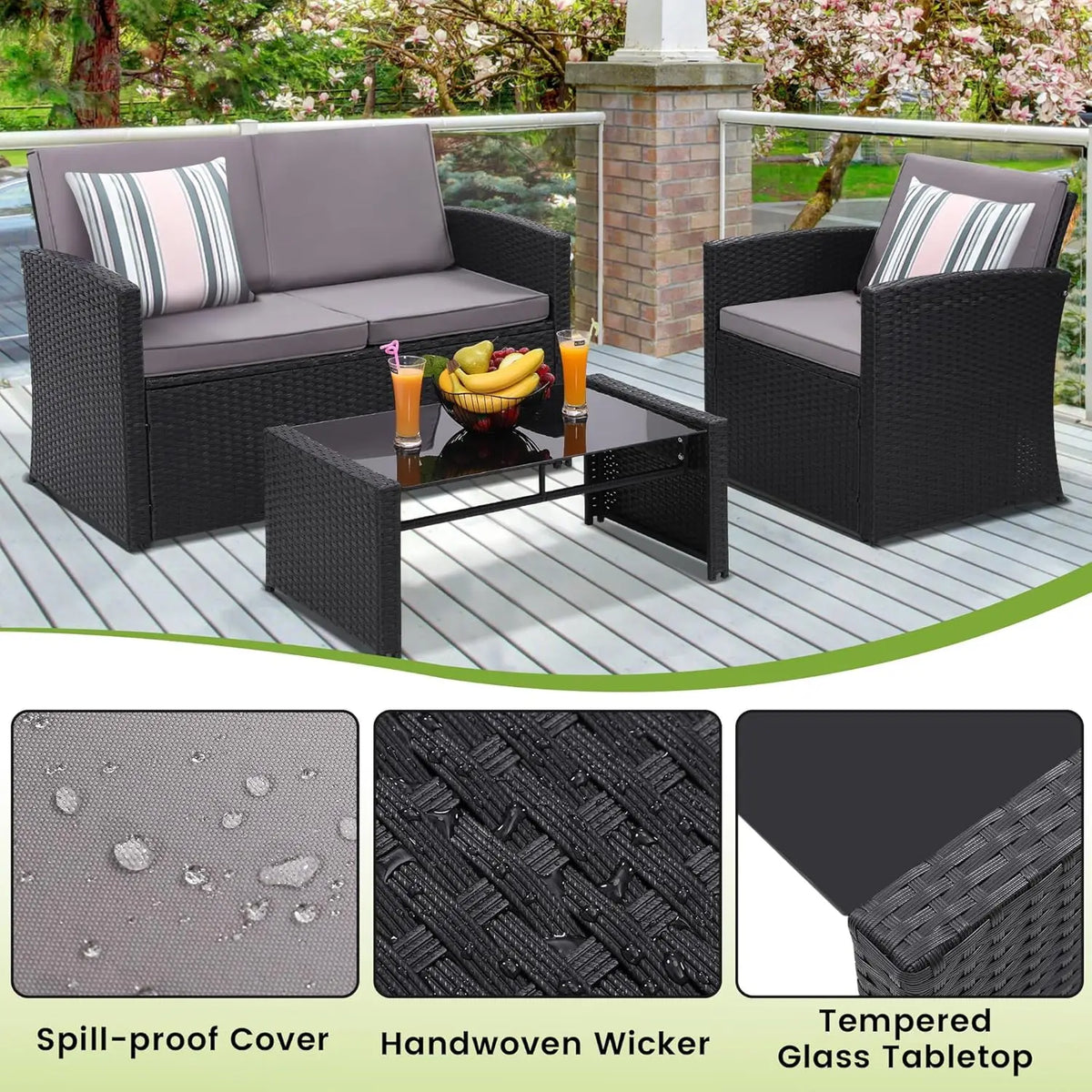 4-Piece Patio Furniture Set, Wicker Outdoor Rattan Sectional Sofa with Cushions and Glass Table, All-Weather Outdoor Conversatio
