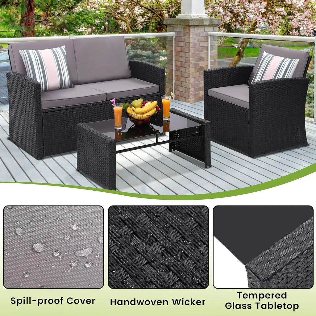 4-Piece Patio Furniture Set, Wicker Outdoor Rattan Sectional Sofa with Cushions and Glass Table, All-Weather Outdoor Conversatio