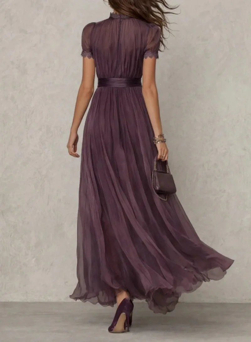 Elegant Chiffon Lace Trim Midi Dress Stand Collar Neck Puff Sleeve Cinched Waist Draped A Line Flowy Women's Casual Dresses