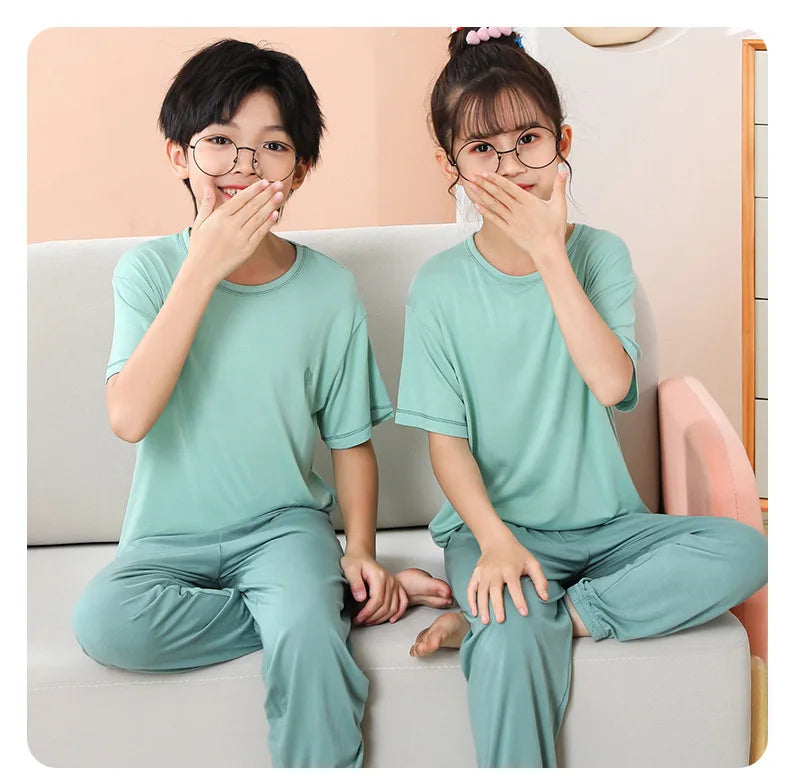 Teenage Boy Pajamas Summer Girl Short Sleeve Children's Clothing Sleepwear Silk Cotton Pyjamas Sets For Kids 4 8 9 12 13 14Years