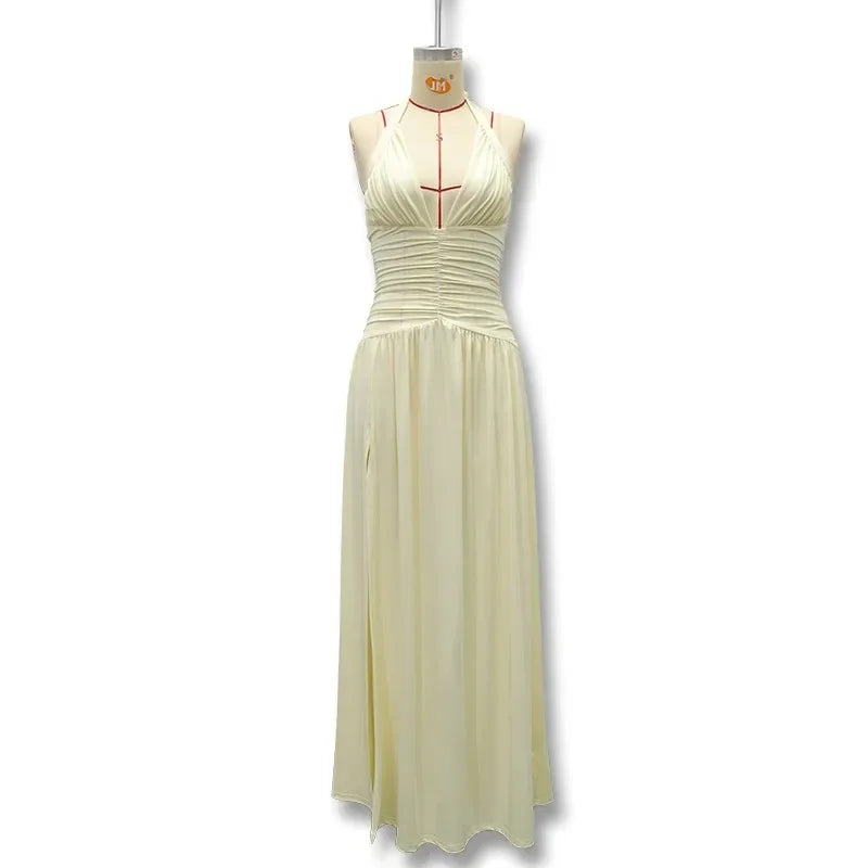 Elegant Strapless Ruched Maxi Dress Sexy Backless Lace Up Cinched Waist Slit Draped Bodycon Dresses Cocktail Party Evening Gown