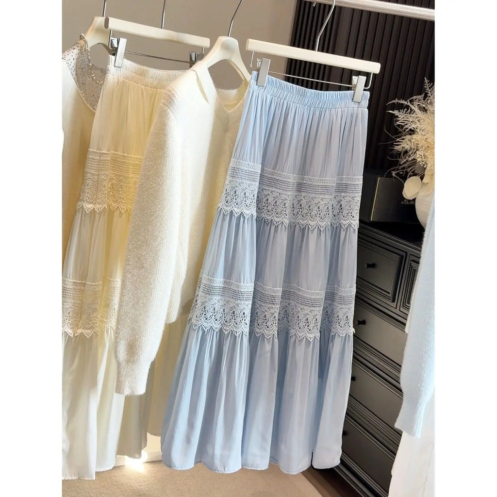 French Gentle Style Lace Splicing High Waist Casual Half Skirt Women Early Spring New Slimming Cake Skirt Style Cotton Blend