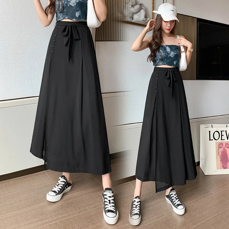 Summer Elastic Pleated Skirt Women Chiffon Trouser Skirt High Waist Casual Wide Leg Pants Fashion Streetwear Pants Pantalones