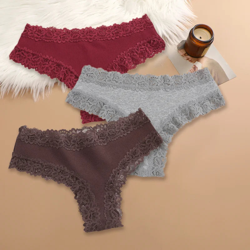 Women Cotton Panties Set 3 Pieces Floral Lace Patchwork Briefs Breathable Soft Underwear Size S XL