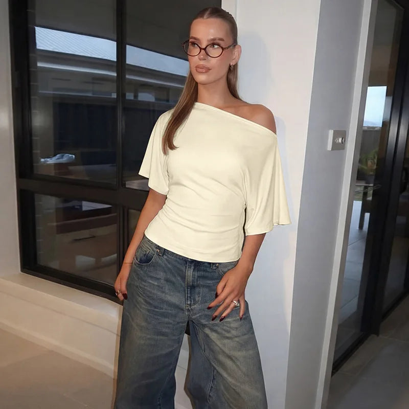 Casual Skew Collar Solid Slim Crop Tops Women Sexy Lace Up Short Sleeve T-shirt Autumn Female Streetwear Clothes Party Office