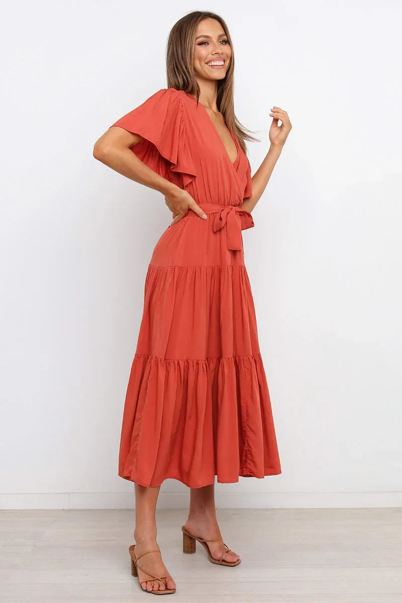 Summer Bohemian Long Dress Pure Color V-Neck Short Sleeve Empire Waist Design Floor Length with Belt Loose Fit Women's Dress