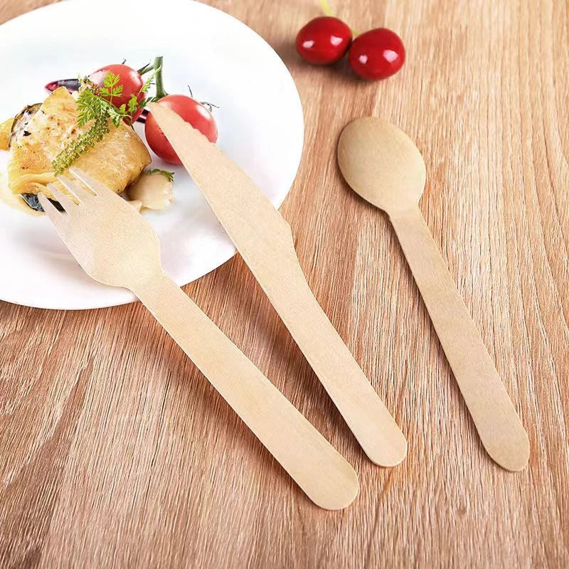 50/100PCS Disposable Wooden Tableware Wedding Party Wooden Knife Fork Spoon Tableware for Tasting Yogurt Ice Cream Cake