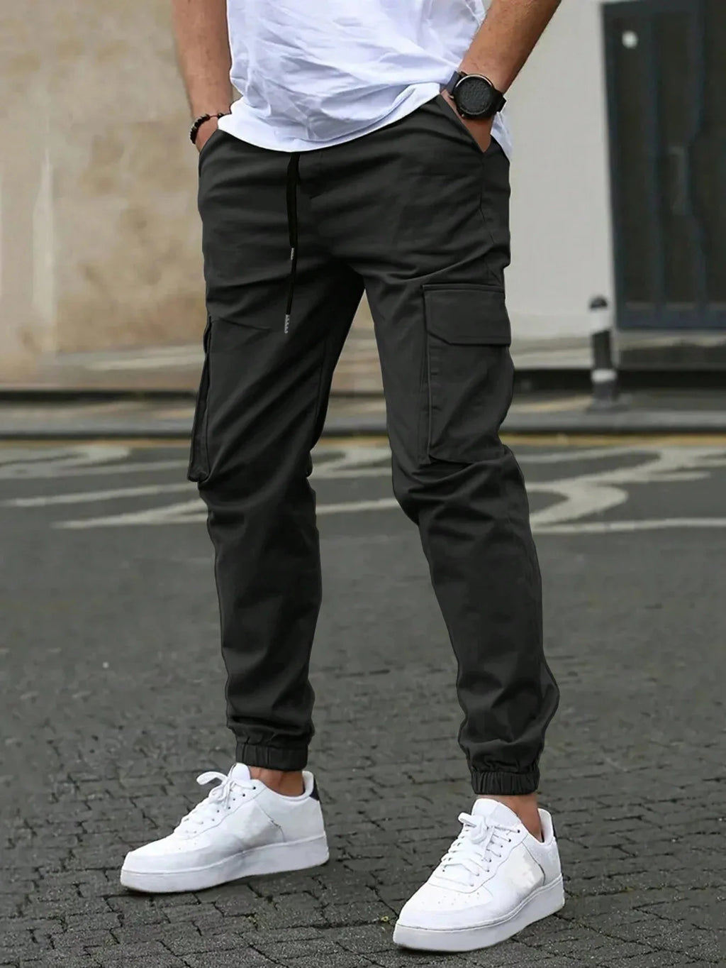 Men Cargo Pants, Elastic Waist Solid Casual Pants Trousers Streetwear with Pockets