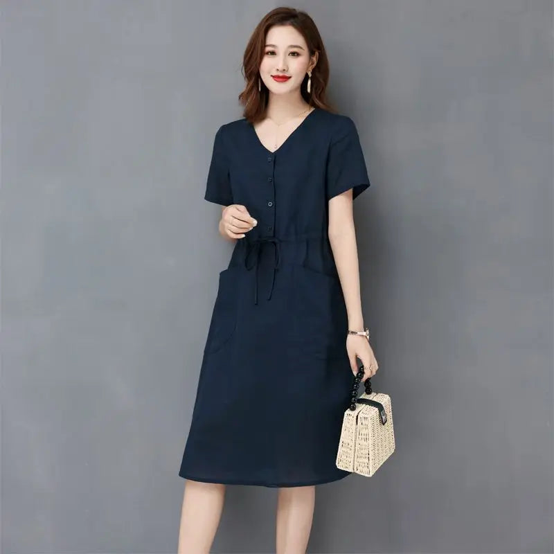 Elegant Cotton and Linen Women's Dress Draw String High Waist Breathable Midi Dresses Half Sleeve V-Neck A-Line Dress Summer
