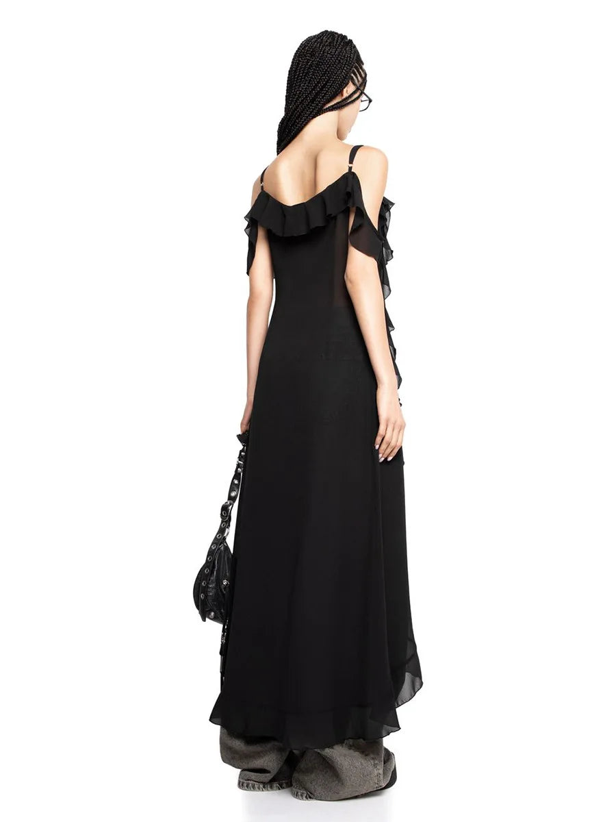 2026 Summer New Irregular V-neck Ruffle Ribbon Sexy Sleeveless Strap Long Dresses Bornladies Women's Strap Dress