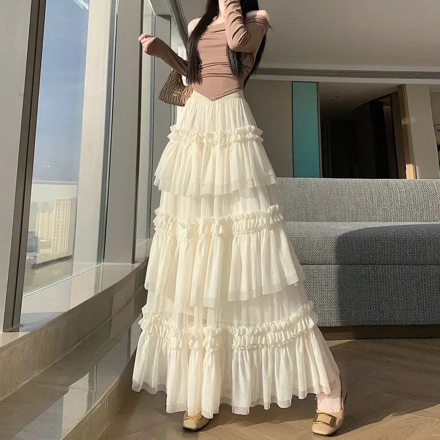Qiukichonson Midi Long Skirt Women Patchwork Mesh Lolita Spring Summer High Waisted High Low Ruched Ruffles Ball Gown Skirt rok