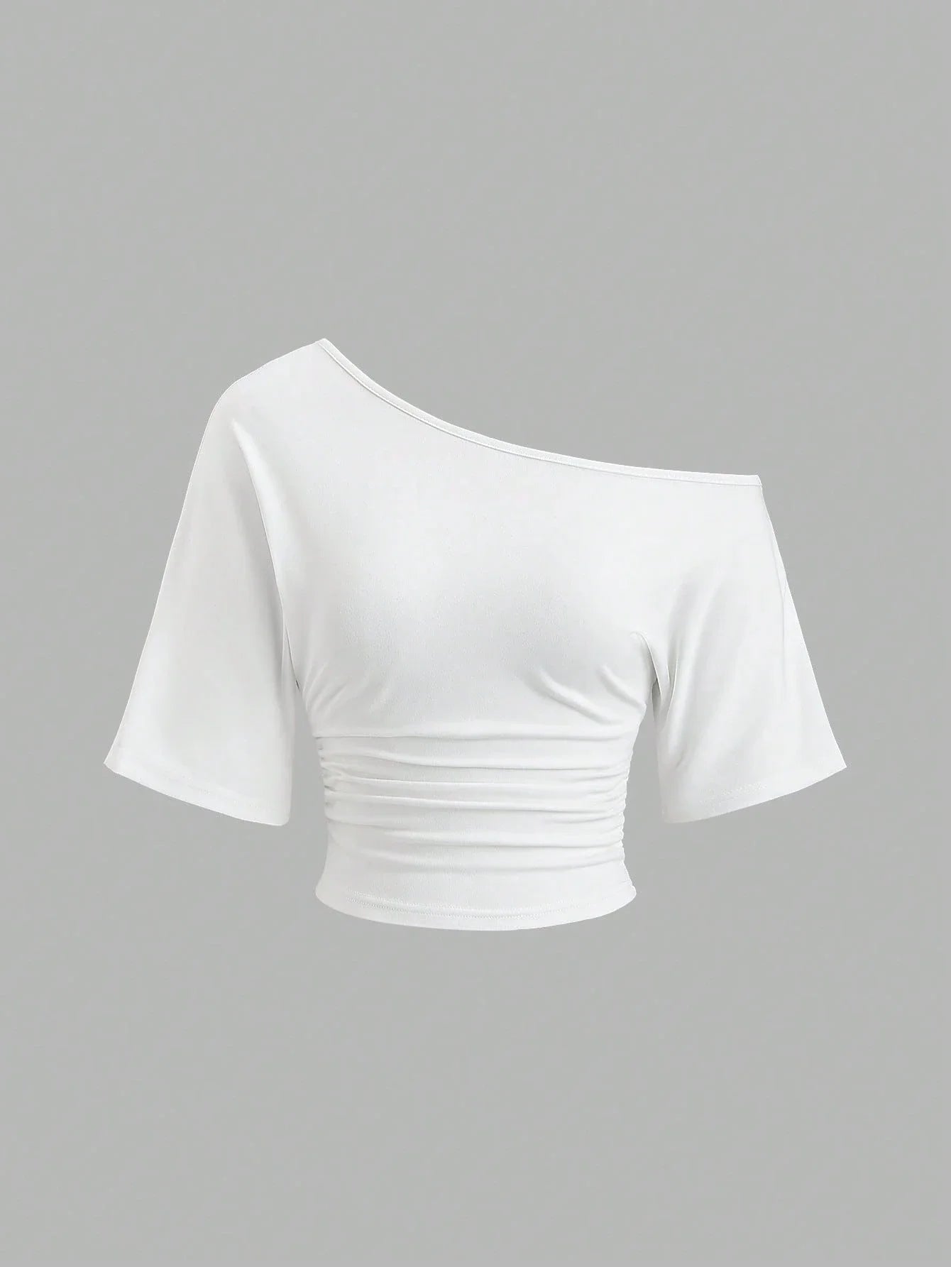 Women One Shoulder Short Sleeve T-shirt Side Ruched Waist Crop Tops Solid White Slant Off Shoulder Slim Fit Casual Streetwear Te