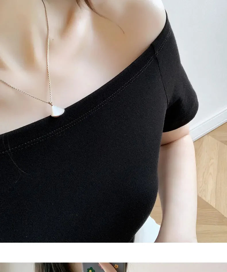 MRMT 2026 Brand New Women's T Shirt Cotton Slim Fit Short Sleeve T-Shirt For Female Off Shoulder Tops One Line Neck Tshirt