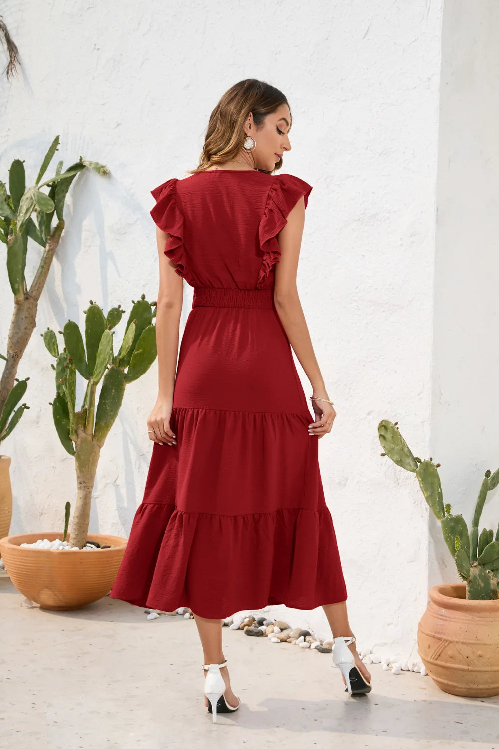 VigoCasey 2026 Summer Female Solid Long Dress Women Sexy Ruffle Sleeveless V Neck Long Dress Lady Casual High Waist Dresses
