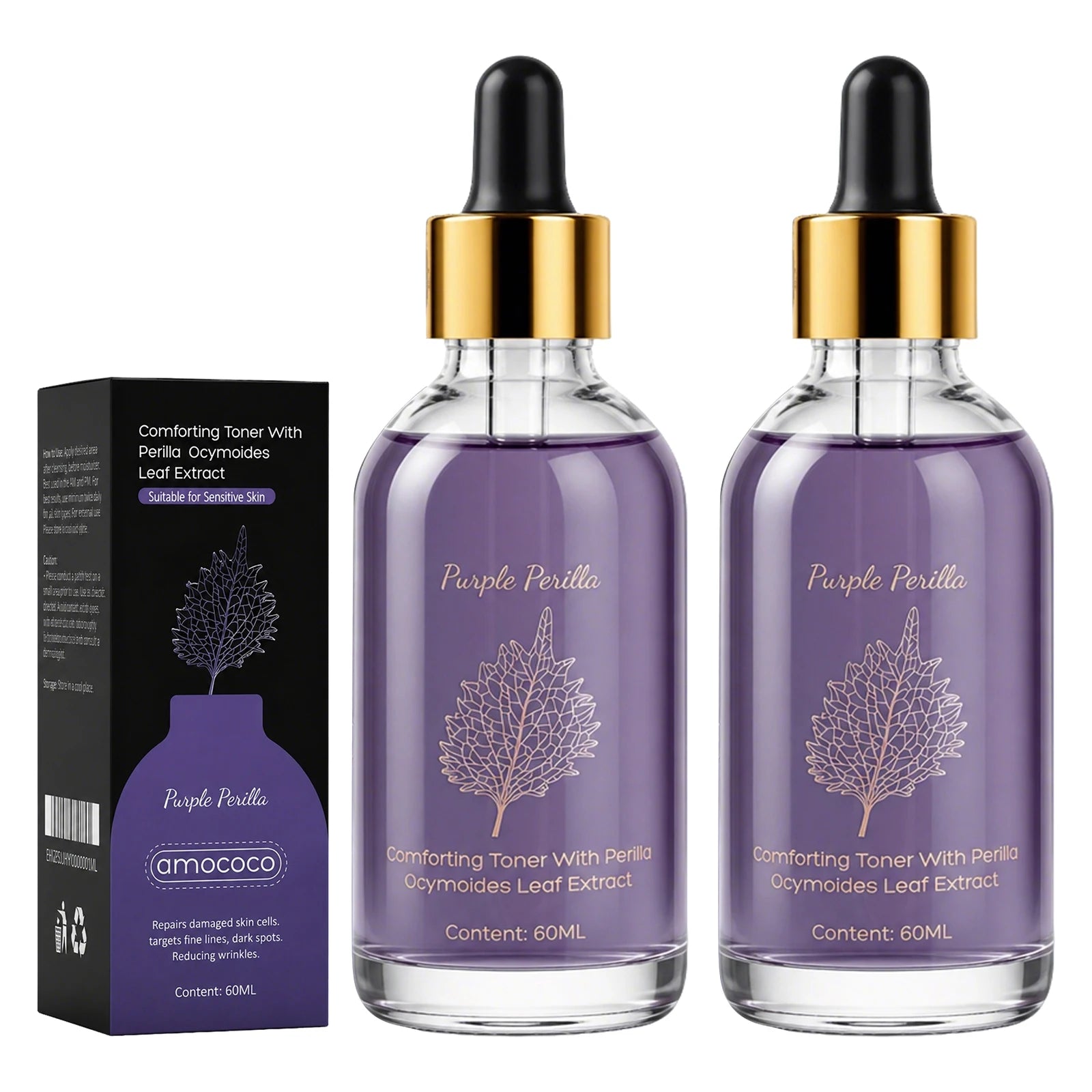 Amococo 2pcs Purple Perilla Calming Toner 60ml Each Soothing Essence for Sensitive Skin Helps Reduce Fine Lines Even Skin Tone K-Beauty