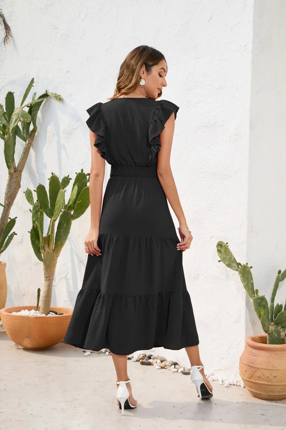 VigoCasey 2026 Summer Female Solid Long Dress Women Sexy Ruffle Sleeveless V Neck Long Dress Lady Casual High Waist Dresses