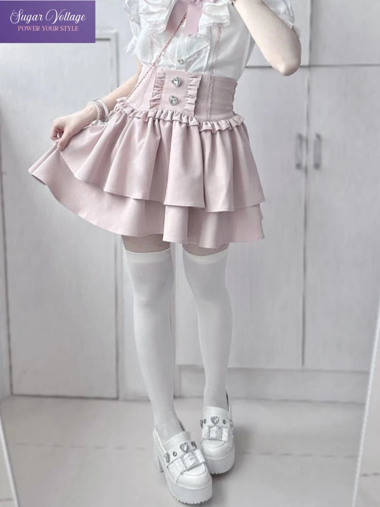 Japanese Cute Sweet Y2k Lolita Cake Skirt Women Hight Waist Rhinestone Plaid Ruffled Layered Skirts Kawaii A-Line Mini Skirts