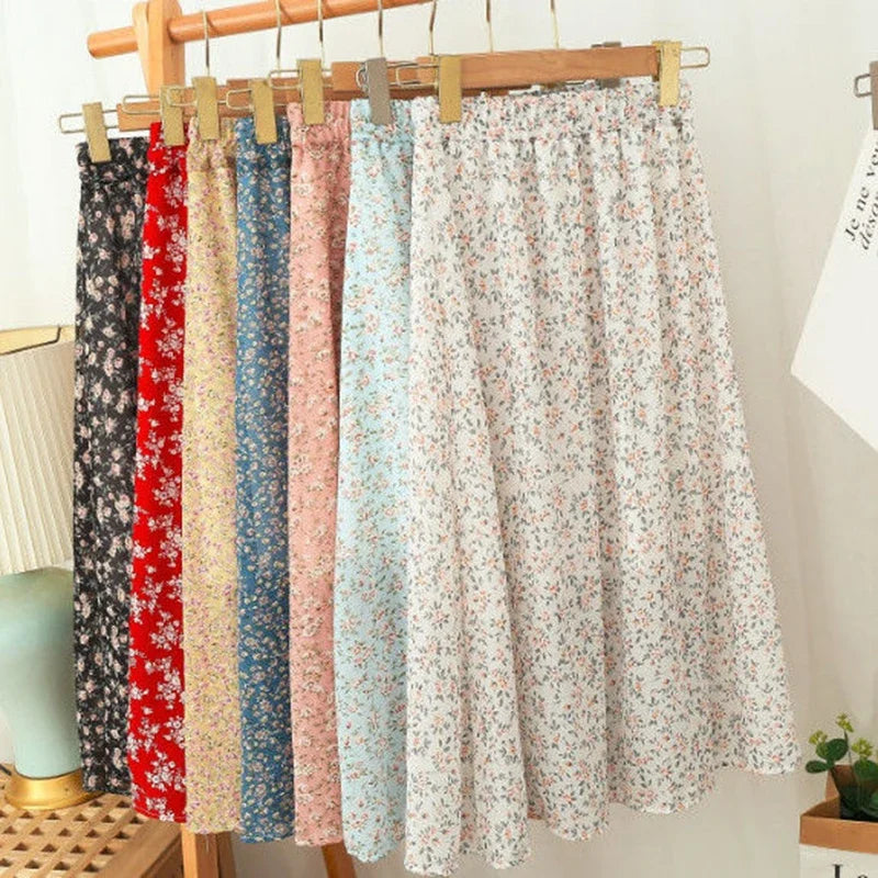 Women's Korean Style Floral Chiffon Midi Skirt – High Waist Loose A-Line Summer Skirt