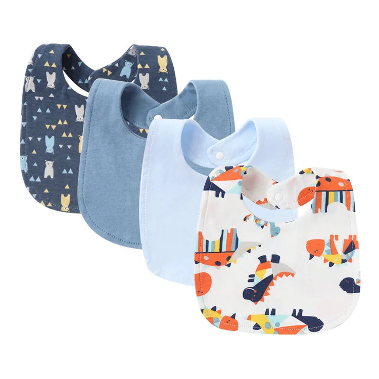 4-Piece Baby Bib Set - Cotton Cartoon Animal Print for Toddlers 1-3Y