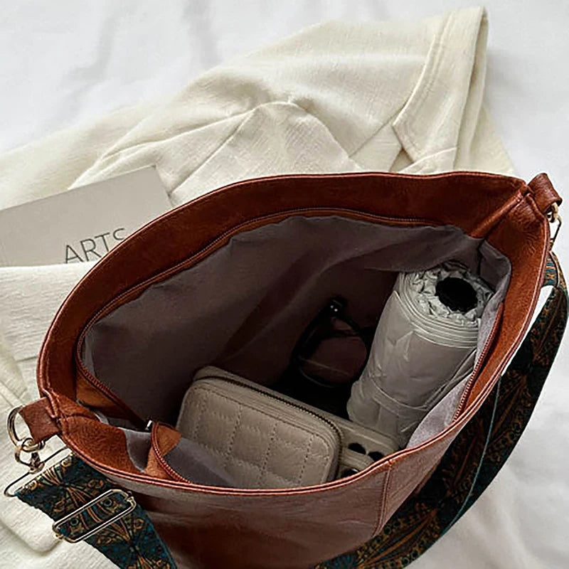 Wide Geometric Strap Shoulder Bag Large Capacity Crossbody Bags For Women,Retro Pu Leather Women's Bag For Shopping Travel