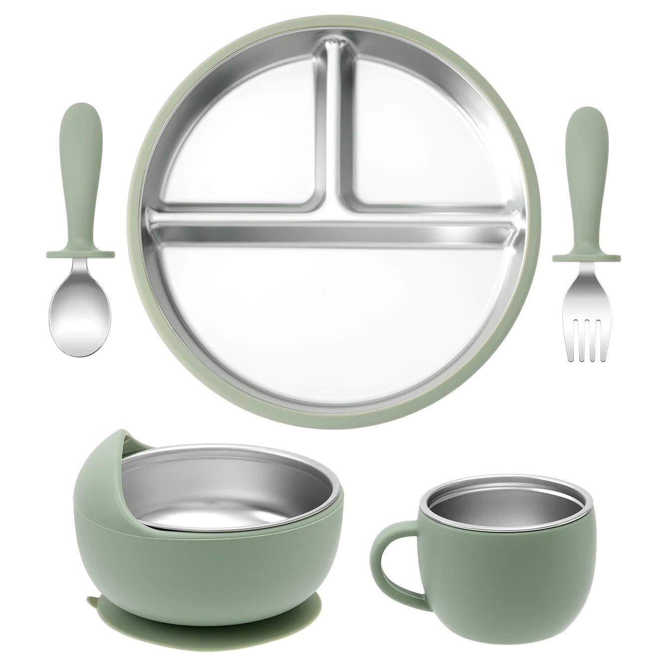 Color Kids Baby Feeding Set 5Pcs Stainless Steel Silicone Tableware For Infants Easy Grip Plates Bowls