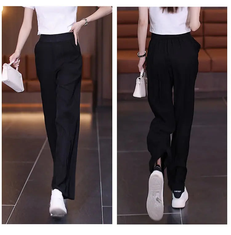Women's Ice Silk Wide Leg Pants - High Waist Loose Casual Trousers