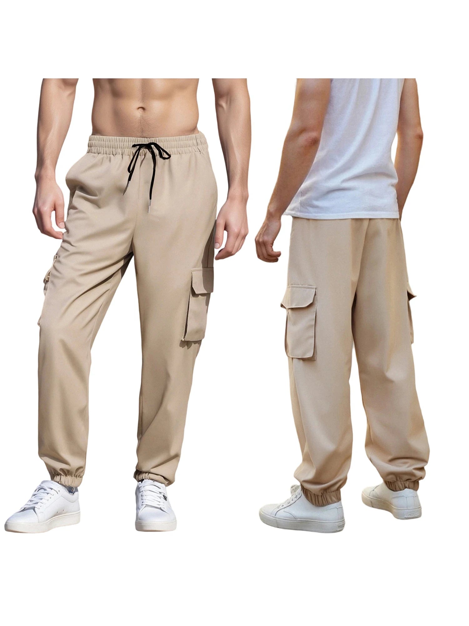 Men Cargo Pants, Elastic Waist Solid Casual Pants Trousers Streetwear with Pockets