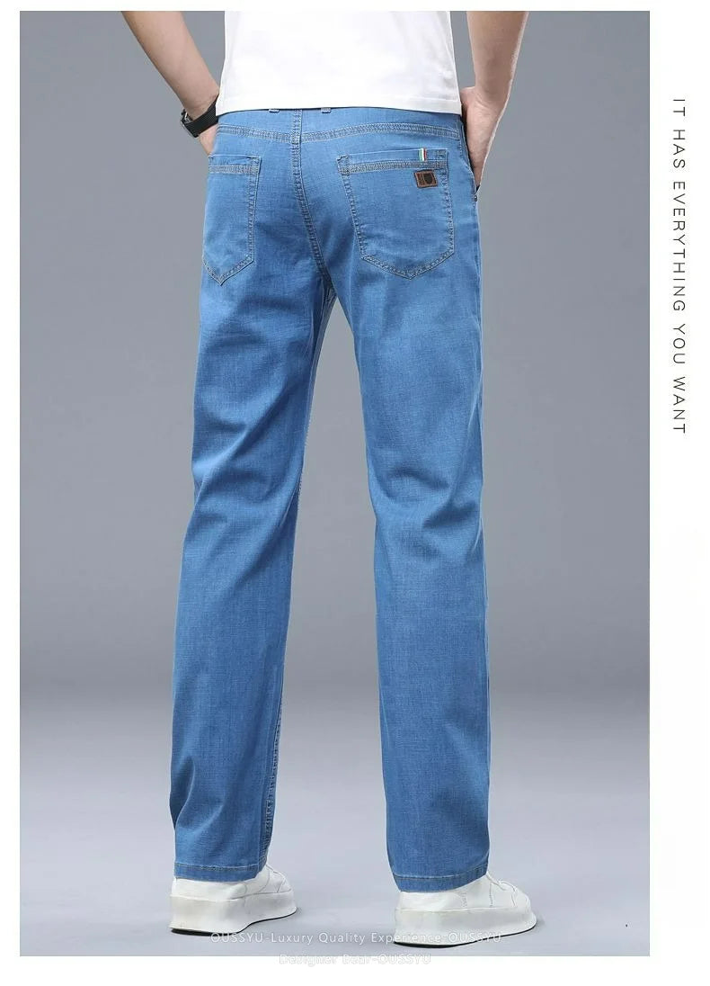 Summer Thin Men's Elastic Cotton Jeans Fashion Business Straight Casual Denim Pants Male Work Clothes Slim Trousers Plus Size 40