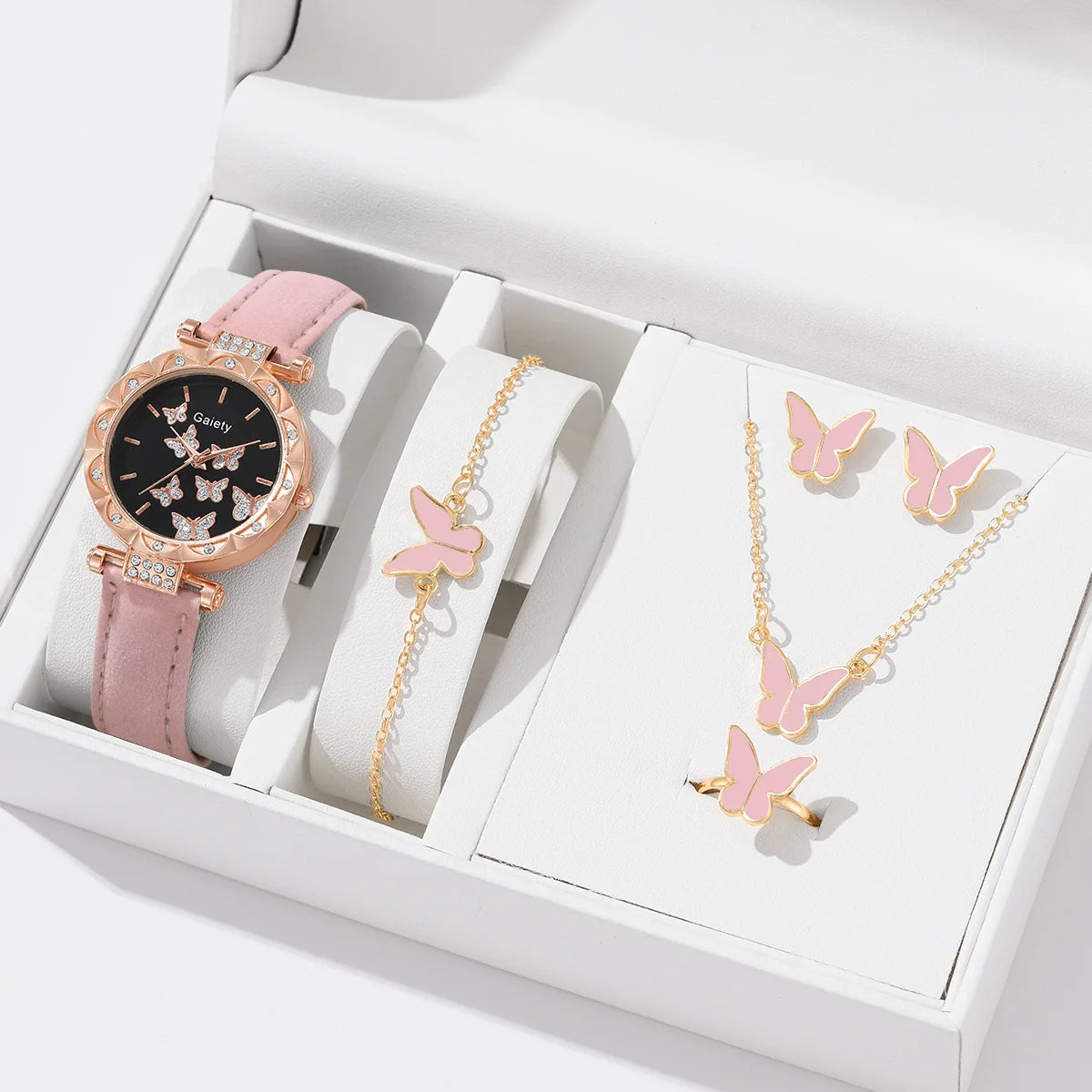 Butterfly Jewelry Set For Women Elegant Leather Watch Ring Necklace Earrings Bracelet Wedding Gift