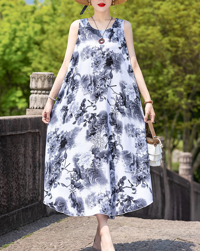New Women Summer Dresses Vintage Dress FashionRobe Plus Size Sleeveless Femme Casual Print Dresses