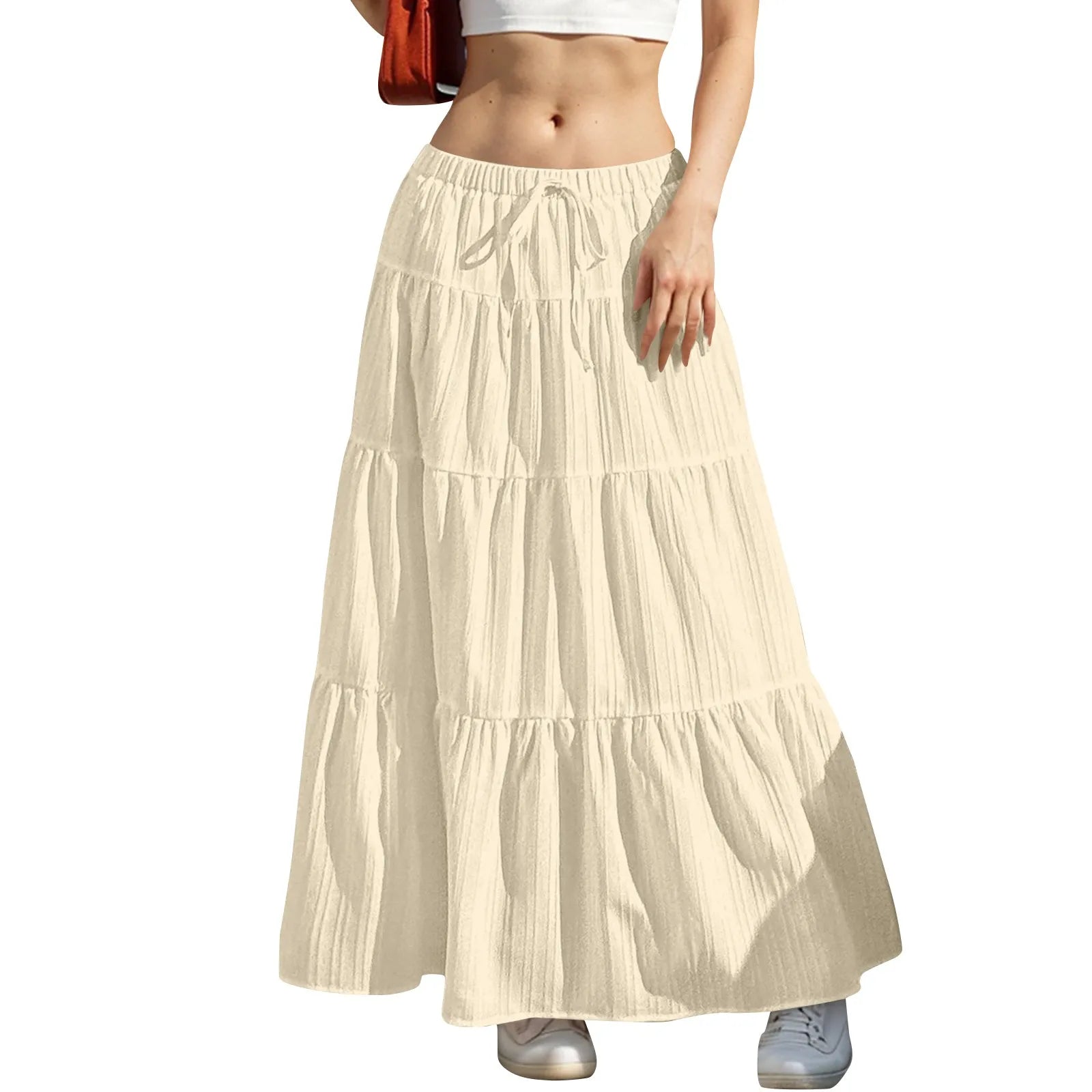 Women's Flared Ruffle Hem Maxi Skirt Fashion Women Solid Long Skirts Elastic Waist Elegant Long Skirt Spring Summer Cake Dress