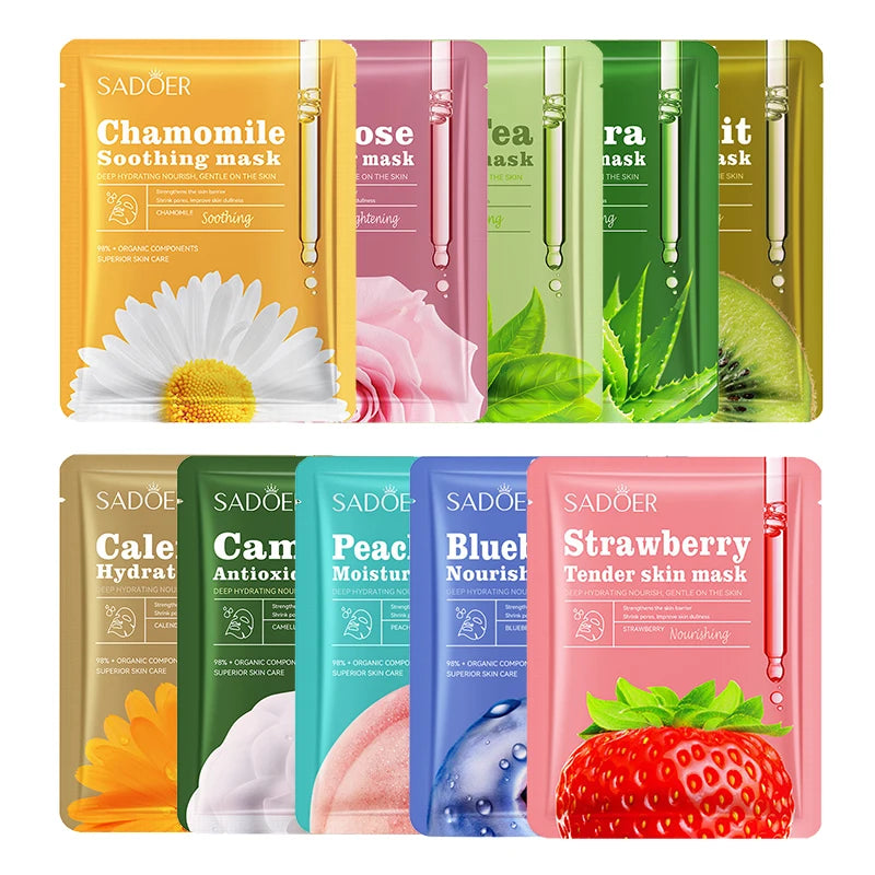 10pcs SADOER Fruit Floral Fragrance Face Mask Moisturizing Anti Wrinkle Hydrating Chamomile Facial Masks Skin Care