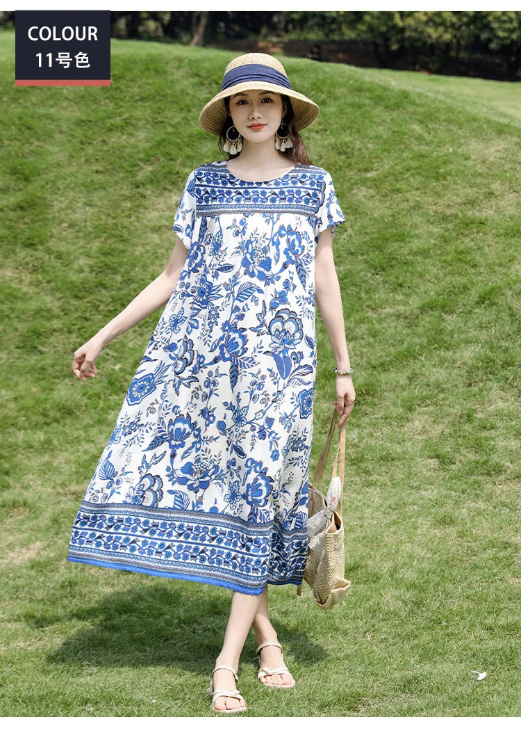New Fashion Casual 2025 Summer Elegant Dresses For Women O-Neck Print Vintage Short Sleeve Dress Loose Women Clothing
