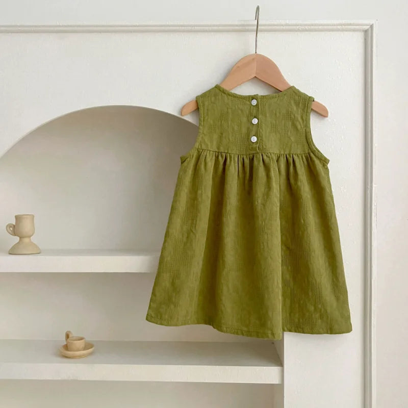 Girls Birthday Party Sisters Outfits Summer Green Apricot Floral Embroidery Sleeveless Bodysuit Vest Dress Baby Clothes H037