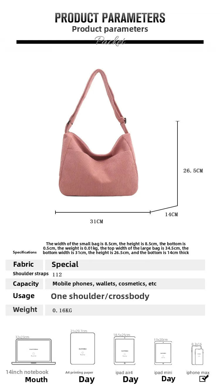 Women’s Corduroy Shoulder Bag, Casual Striped Large Capacity Tote with Zipper Closure, Cute Hat Patch, Perfect for Everyday Use