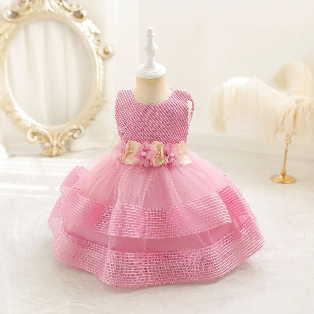 HETISO Girl Kid's Dress Flower Mesh Layered Striped Sleeveless Toddler Baby Party Gown for Girls 1-4 Years