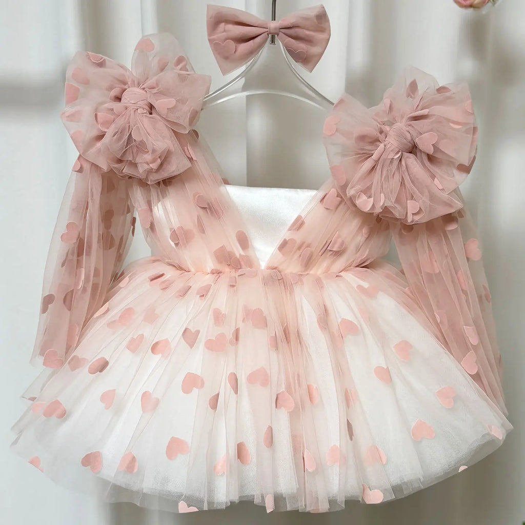 Dreamy Vow D059 Charming V-Neck Long Sleeves Bowed Heart Pattern Tulle Baby Flower Girl Dresses Wedding Evening Prom Ball Gown