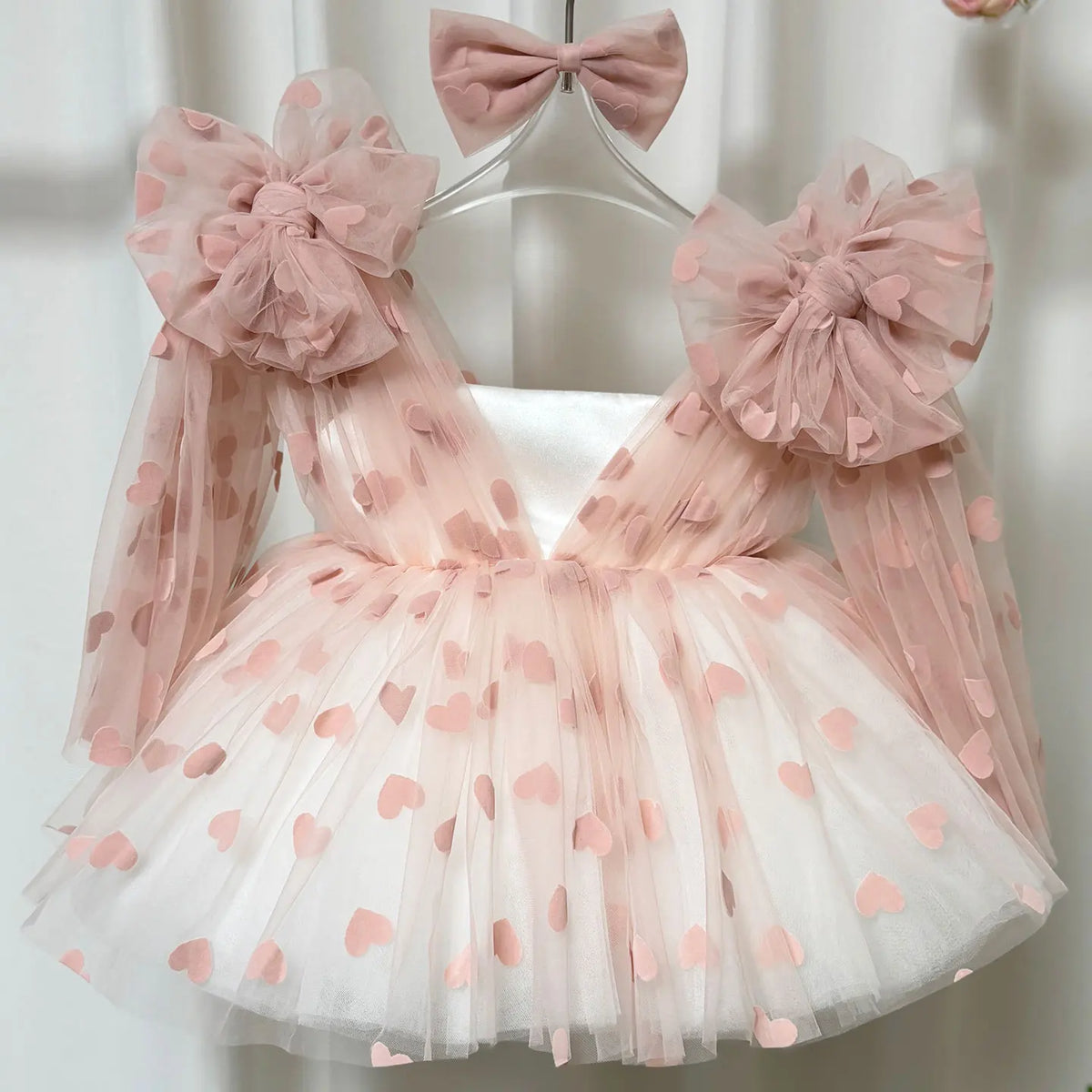 Dreamy Vow D059 Charming V-Neck Long Sleeves Bowed Heart Pattern Tulle Baby Flower Girl Dresses Wedding Evening Prom Ball Gown