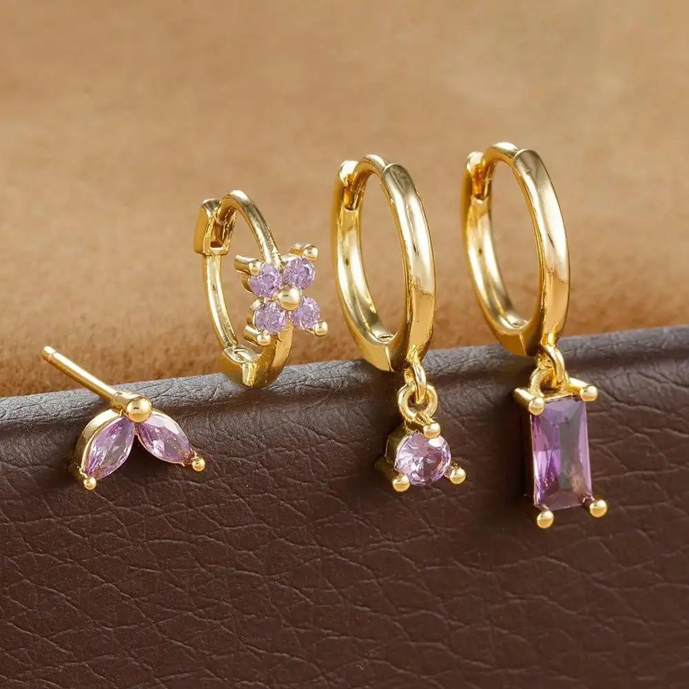 Cubic Zirconia Flower Hoop Earrings 4 Piece Set 18K Gold Plated Stainless Steel For Women