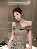 Korean Style Sexy One Shoulder  Knot Neckline Thin Summer Slimming T-Shirt Women's Fashionable Short Sleeve Top