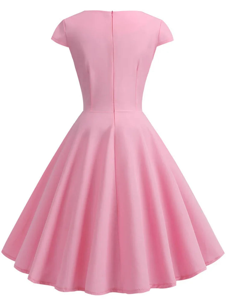 Women's Vintage V-Neck Pink Midi Dress
