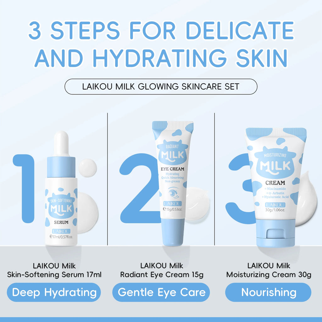 LAIKOU Milk Glowing Trio Skincare Set - Hydrating Serum & Cream Kit
