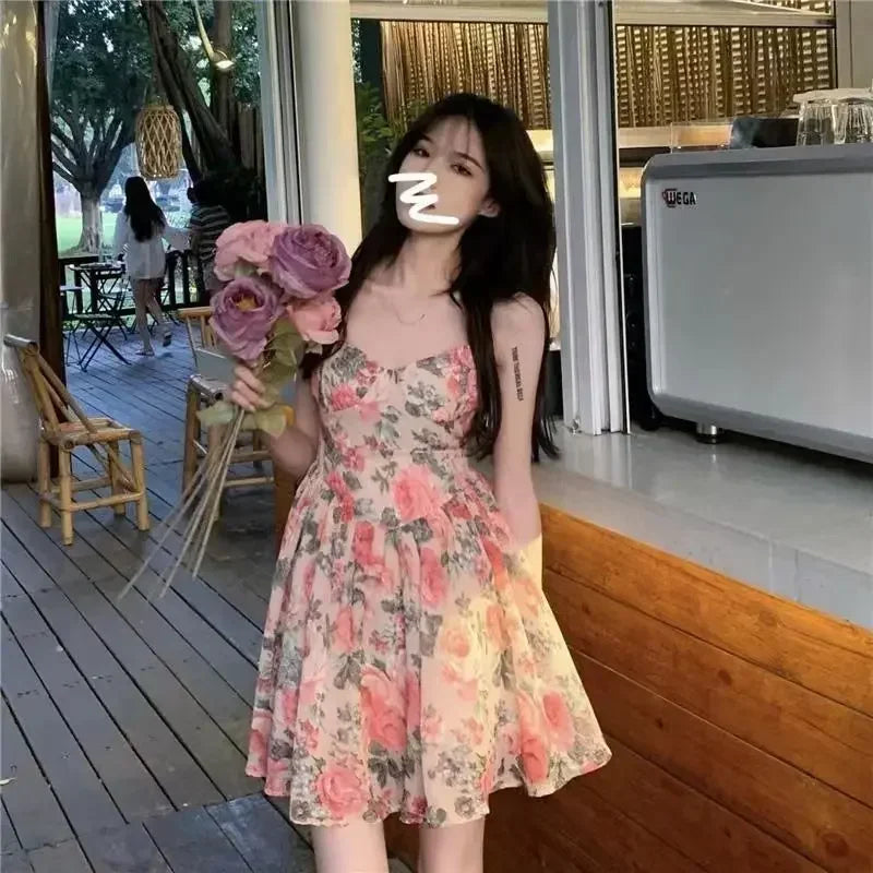 Nice Elegant High-waisted Slimming Floral Tank Dress For Women Spring Summer French Style Petite Mini Dress A- Line Sleeveless